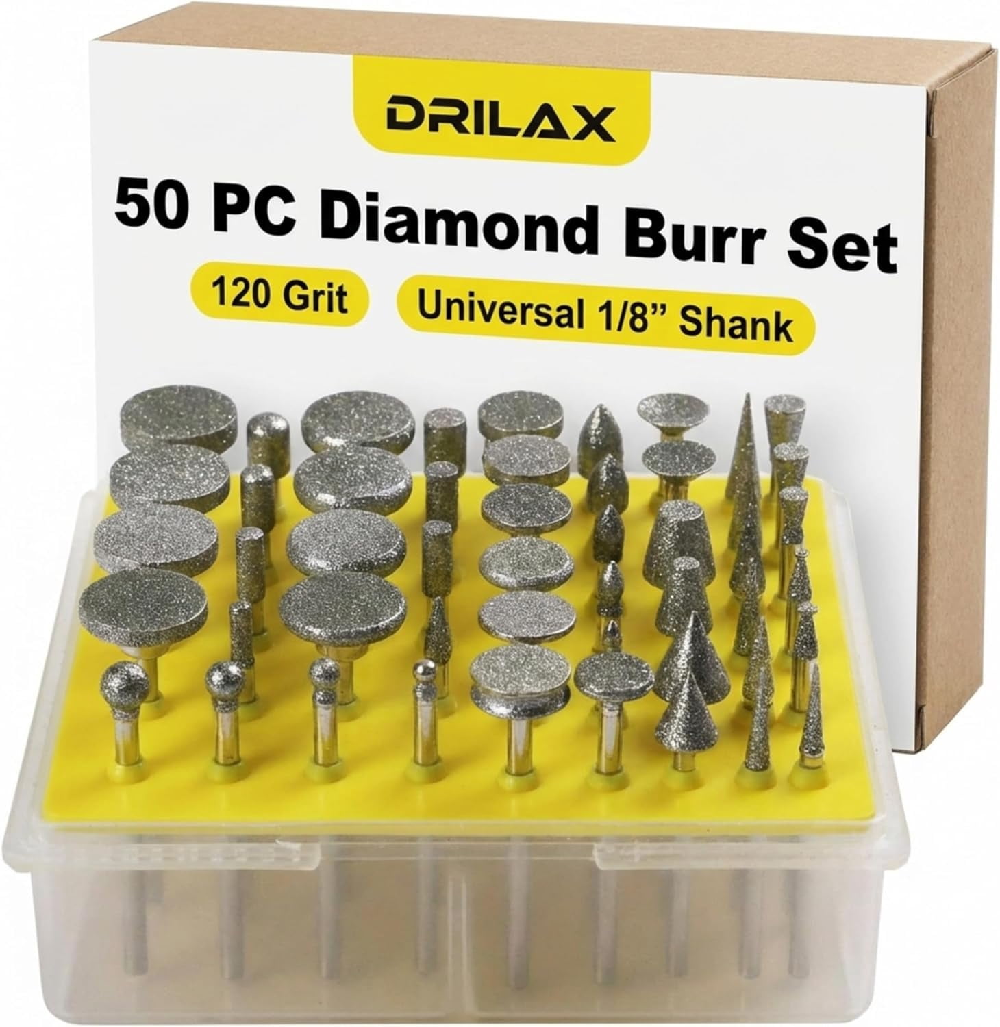 Drilax 50 Pc Diamond Rotary Tool Bits Set, 120 Grit Carving Engraving Burr Kit, 1/8 Inch Shank