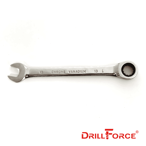 DRILLFORCE 13mm Ratchet Combination Wrench, Metric Open End & Ring Gear Spanner, 12 Point Chrome Plated Mechanics Hand Tool for Auto Repair