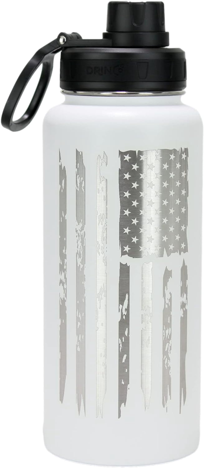 DRINCO Water Bottle Vacuum Insulated Stainless Steel Double Wall-USA Flag-32oz Artic White