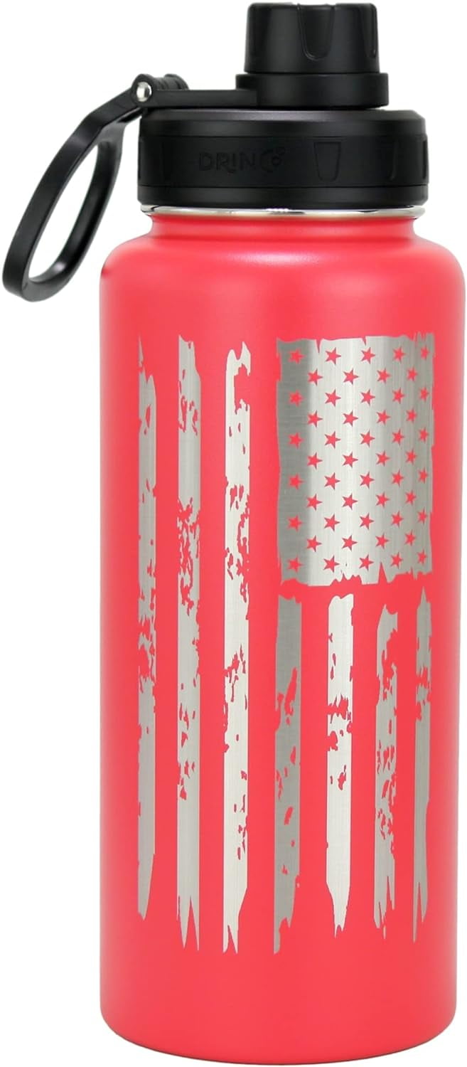 DRINCO Water Bottle Vacuum Insulated Stainless Steel Double Wall-USA Flag-32oz Barn Red