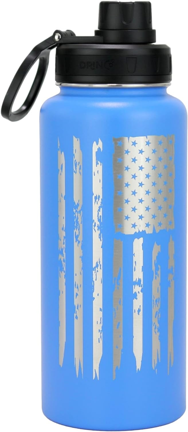 DRINCO Water Bottle Vacuum Insulated Stainless Steel Double Wall-USA Flag-32oz Royal Blue