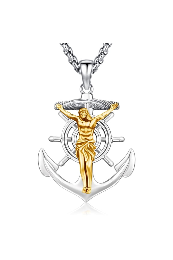 18K Gold-Plated-YH Anchor Jesus Cross Pendant Necklace for Men Women, 925 Sterling Silver Patron Jesus Medal Pendant Amulet Religious Protection Jewelry Gifts