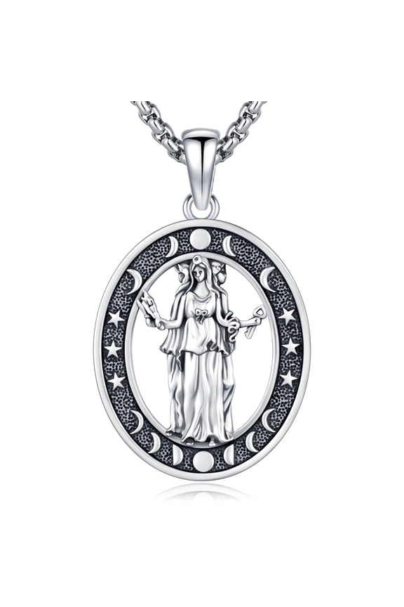 Hecate Necklace for Women Men, 925 Sterling Silver Triple Moon Goddess Necklace Pagan Wiccan Magic Amulet Pendant Jewelry Gifts