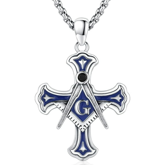 DRINSPER Masonic Necklace For Men Women, 925 Sterling Silver Masonic Cross Pendant Freemasonry Jewelry Freemason Necklace Gifts With Box for Father Brother