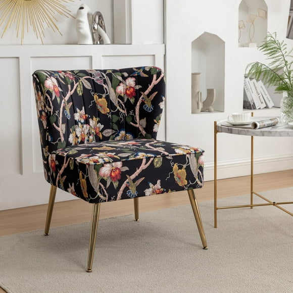 DRKAT Armless Accent Chair with Gold Metal Legs, Modern Comfy Tufted Living Room Chair, Velvet Upholstered Floral Side Chair, Mid Century Slipper Chair for Bedroom, Flower Print, Black