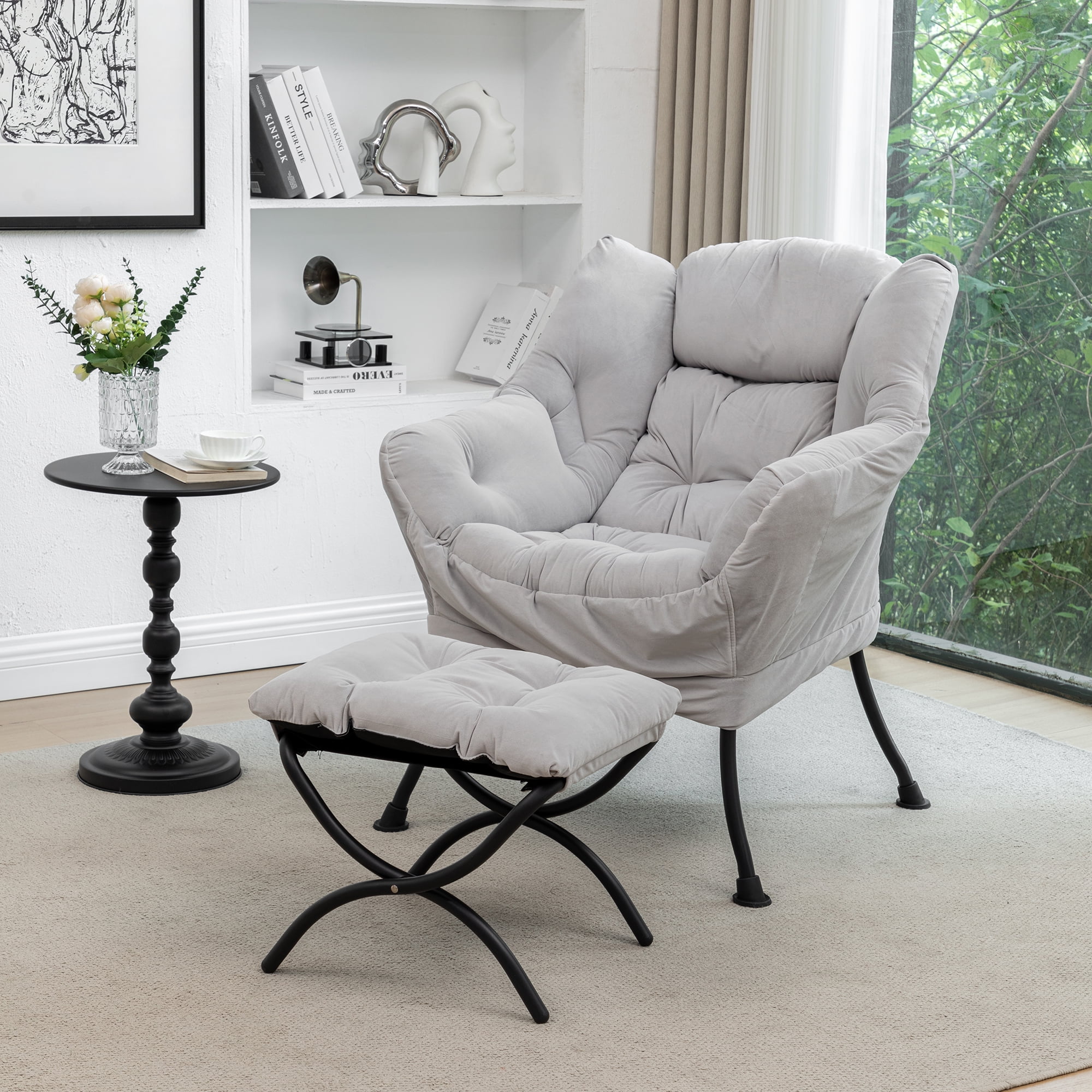 Accent Chair Ottoman Mid Century Modern Tufted Button Living Room