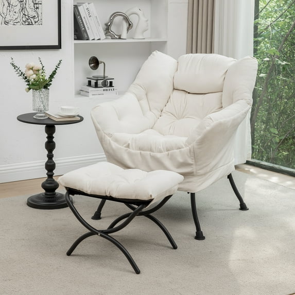 DRKAT Lazy Chair with Ottoman, Modern Large Accent Chair, Velvet Lounge Sofa Chair with Armrests, Comfy Upholstered Leisure Reading Chair with Footrest for Bedroom, Living Room, Dorm (Beige)
