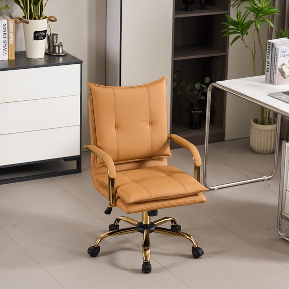 DRKAT Leather Home Office Desk Chairs Comfy Office Chair, Mid-Back Adjustable Swivel Computer Chair with Golden Legs and Arms, Modern Upholstered Task Chair with Wheels, Camel