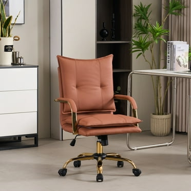 DRKAT Leather Home Office Desk Chairs Comfy Office Chair, Mid-Back Adjustable Swivel Computer Chair with Golden Legs and Arms, Modern Upholstered Task Chair with Wheels, Brown