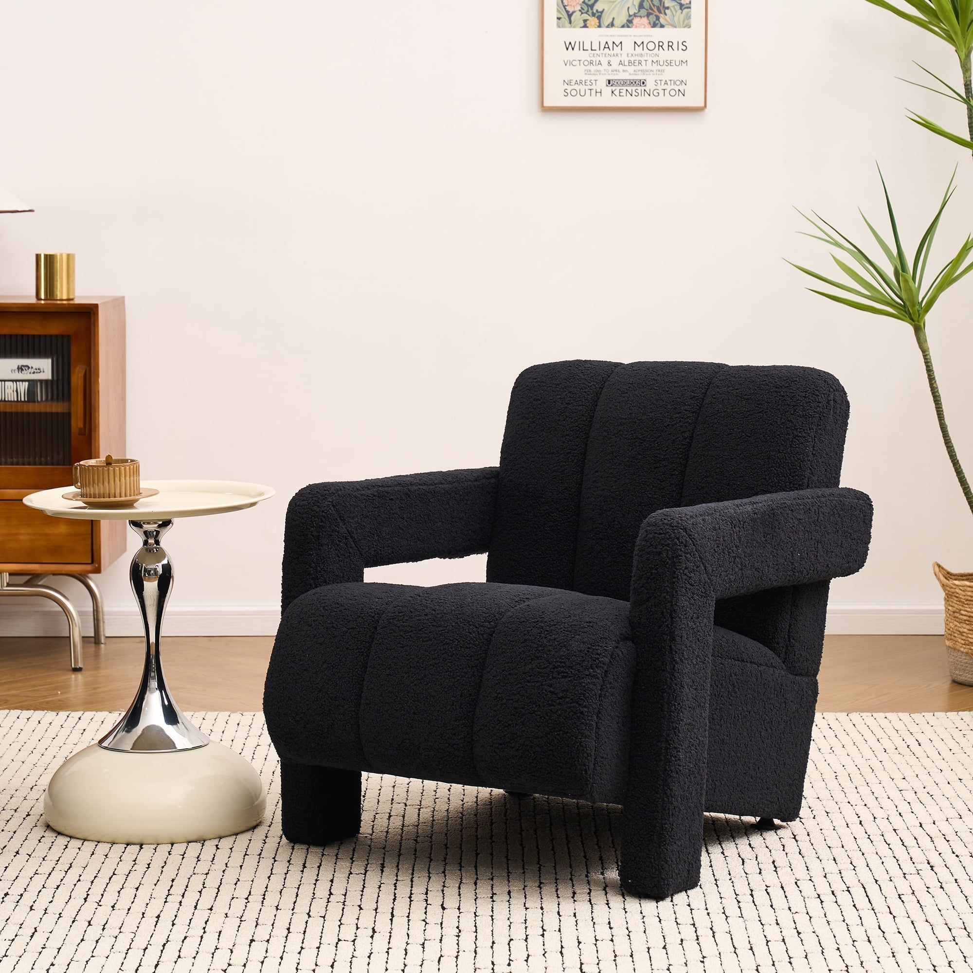 Mid Century Modern Accent Chair - Ivory Boucle Upholstered Armchair, Solid Wood Frame, 300 Lbs Capacity, For Living Room & Bedroom