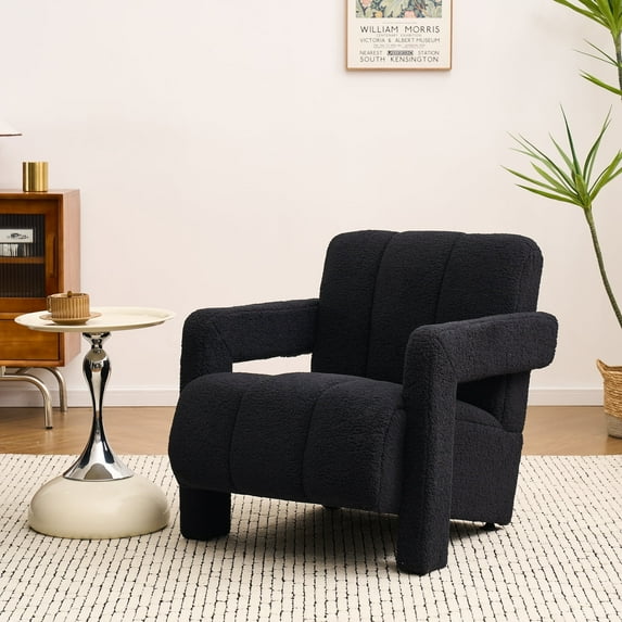DRKAT Mid Century Accent Chair, Comfy Living Room Chairs, Modern Upholstered Sofa Chair, Boucle Armchair, Lounge Reading Chair for Living Room, Bedroom (Black)