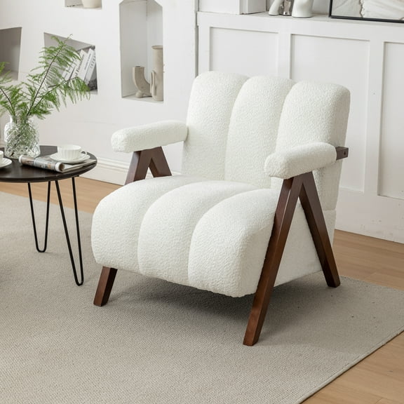 DRKAT Mid Century Modern Accent Chair with Solid Wood Frame, Boucle Upholstered Living Room Chairs with Thick Cushion, Comfy Tufted Arm Chair for Bedroom, Ivory
