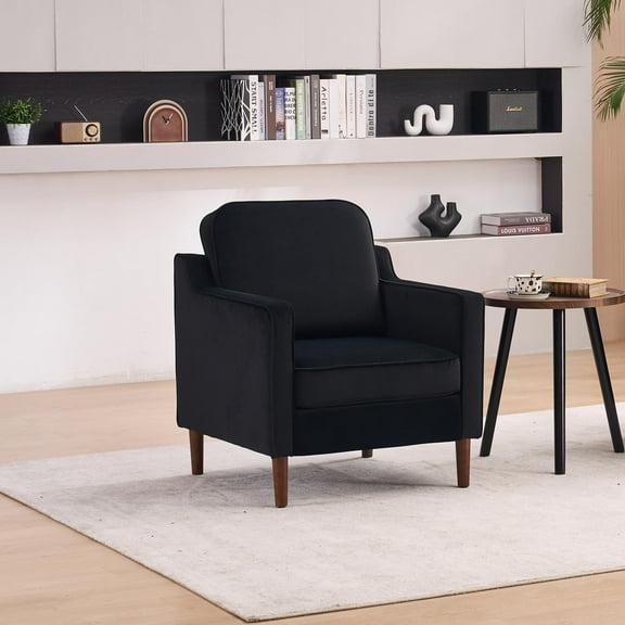 DRKAT Mid Century Modern Accent Chair, Upholstered Reading Armchair for Living Room, Velvet Comfy Sofa Chair with Wood Legs for Bedroom, Office, Waiting Room, Black