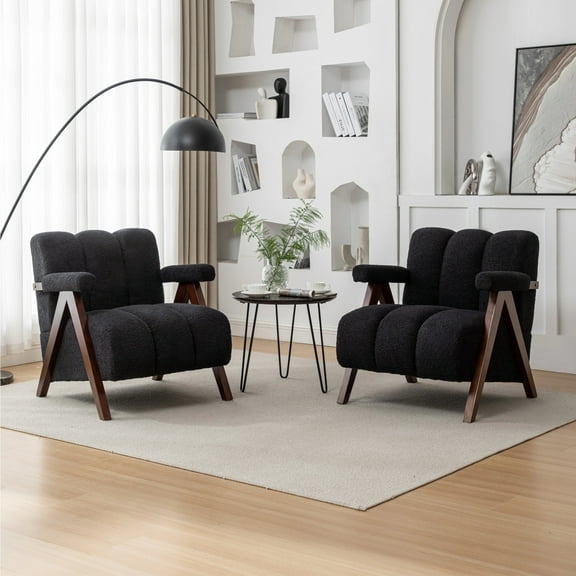 DRKAT Mid Century Modern Accent Chairs Set of 2 with Solid Wood Frame, Boucle Upholstered Living Room Chairs with Thick Cushion, Comfy Tufted Arm Chair for Bedroom, Black