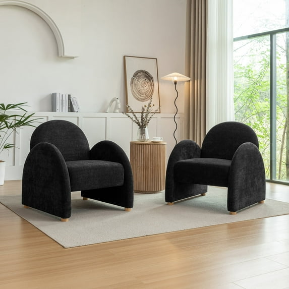 DRKAT Modern Accent Chairs Set of 2, Upholstered Boucle Arm Single Sofa, Comfy Armchair, Fluffy Reading Chair for Living Room, Bedroom, Home Office, Black