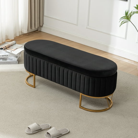 DRKAT Storage Bench Bedroom Bench, Velvet Oval Upholstered End of Bed Bench with Golden Metal Legs, 46” Modern Storage Ottoman Bench for Bedroom, Living Room, Entryway, Window, Black