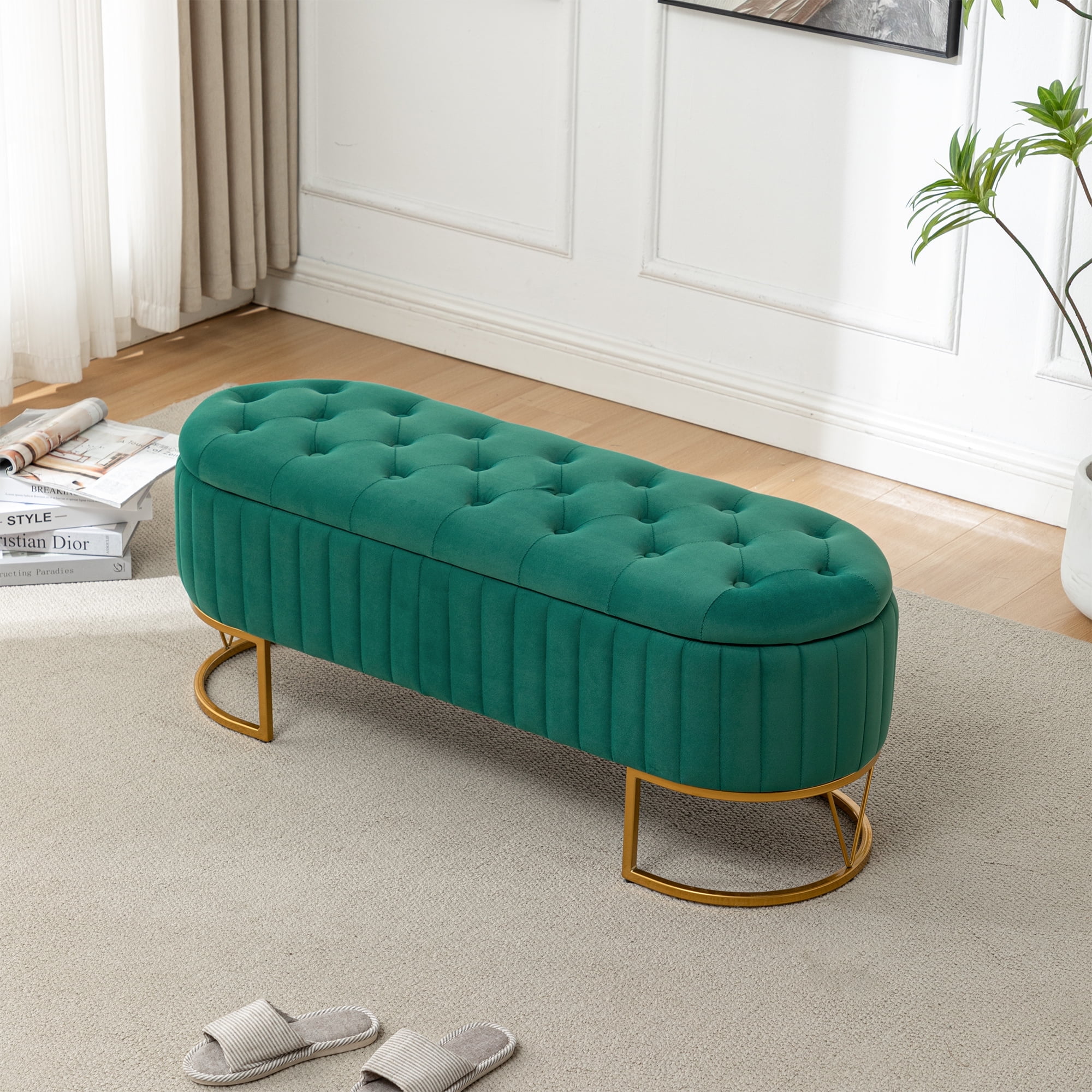 DRKAT Velvet Storage Bench With Gold Legs – 46" Upholstered Ottoman For Bedroom, Living Room, Entryway, Ivory