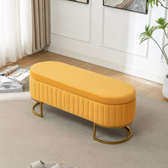 DRKAT Storage Bench Bedroom Bench, Velvet Oval Upholstered End of Bed Bench with Golden Metal Legs, 46” Modern Storage Ottoman Bench for Bedroom, Living Room, Entryway, Window, Mustard