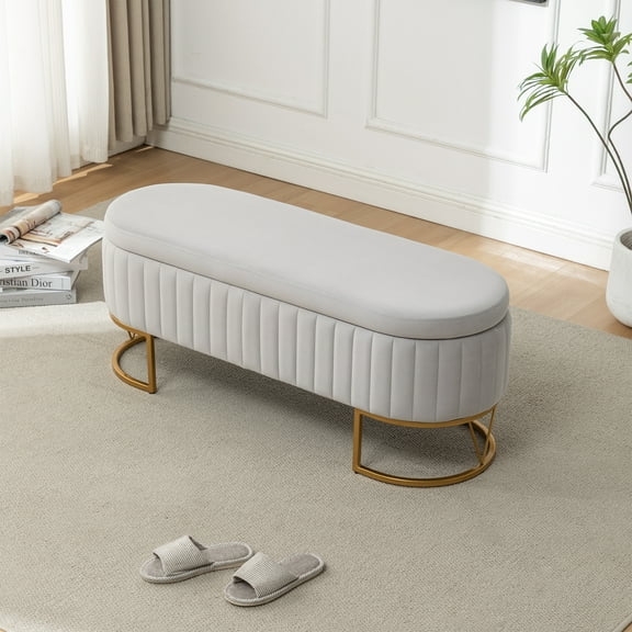 DRKAT Storage Bench Bedroom Bench, Velvet Oval Upholstered End of Bed Bench with Golden Metal Legs, 46” Modern Storage Ottoman Bench for Bedroom, Living Room, Entryway, Window, Grey