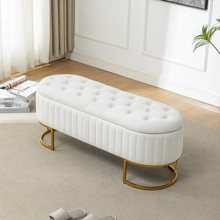 DRKAT Storage Bench Bedroom Bench, Velvet Oval Upholstered End of Bed Bench with Golden Metal Legs, 46” Modern Tufted Storage Ottoman Bench for Bedroom, Living Room, Entryway, Window, Ivory