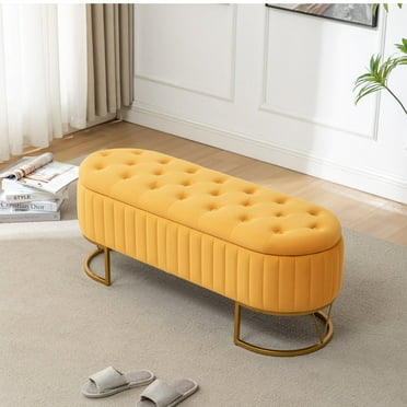 DRKAT Storage Bench Bedroom Bench, Velvet Oval Upholstered End of Bed Bench with Golden Metal Legs, 46” Modern Tufted Storage Ottoman Bench for Bedroom, Living Room, Entryway, Window, Mustard