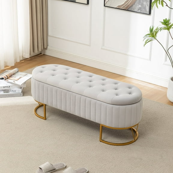 DRKAT Storage Bench Bedroom Bench, Velvet Oval Upholstered End of Bed Bench with Golden Metal Legs, 46” Modern Tufted Storage Ottoman Bench for Bedroom, Living Room, Entryway, Window, Gray