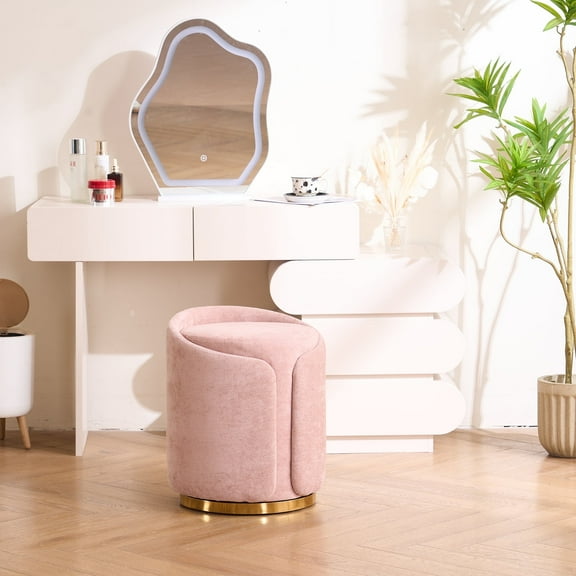 DRKAT Swivel Vanity Stool with Back Comfy Vanity Chair with Gold Base Modern Round Stool for Makeup Vanity Ottoman Foot Rest for Bedroom livingroom (Pink)