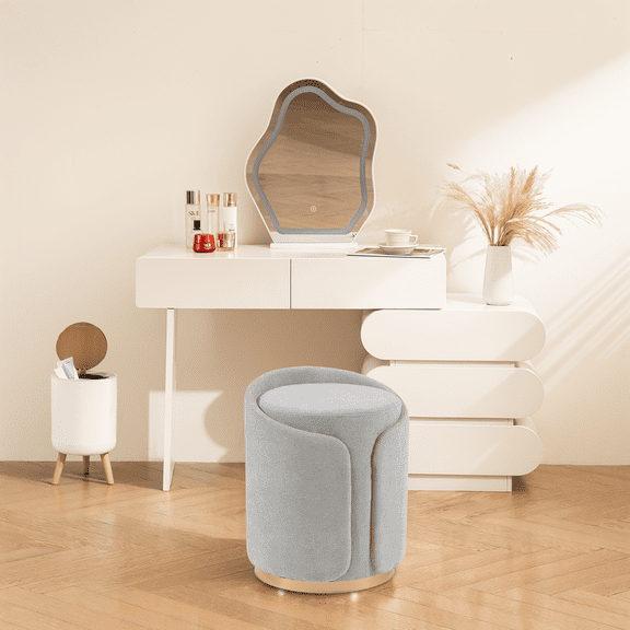 DRKAT Swivel Vanity Stool with Gold Base Comfy Vanity Chair Modern Round Stool for Makeup Vanity Ottoman Foot Rest for Bedroom livingroom (Light Gray)