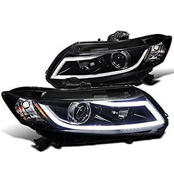 DRL LED Light Bar Strip Projector Headlight Head Lamp Replacement in Gloss Black Housing Smoke Lens Made For And Compatible With 2012 - 2015 Honda Civic 12 13 14 15