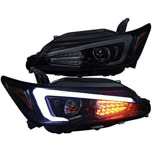 DRL LED Light Bar Strip Projector Headlight Head Lamp Replacement in Gloss Black Housing Smoke Lens Made For And Compatible With 2011 - 2013 Scion tC 11 12 13