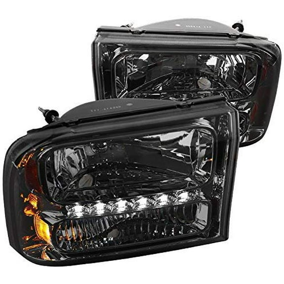 DRL LED Light Strip 1 Piece Headlight Head Lamp Replacement in Chrome Housing Smoke Lens Made For And Compatible With 1999 - 2004 Ford F250 F350 Superduty Excursion 99 00 01 02 03 04