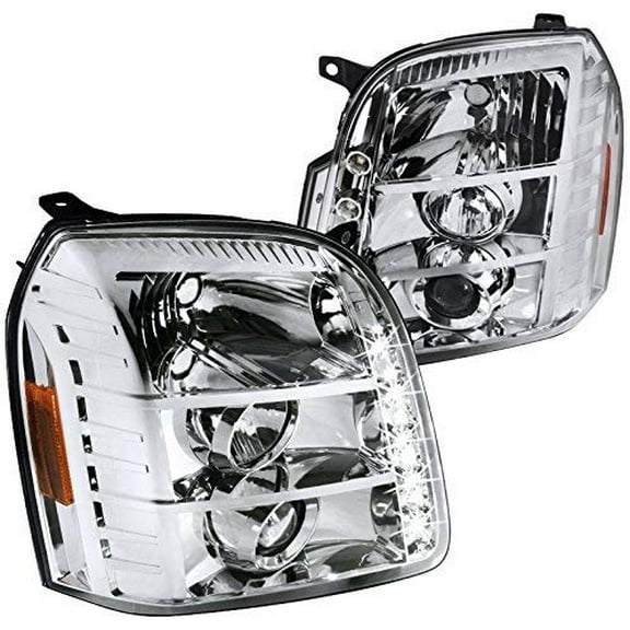 DRL LED Light Strip Projector Headlight in Chrome Housing Clear Lens Made For And Compatible With 2007 - 2014 GMC Yukon Denali 07 08 09 10 11 12 13 14