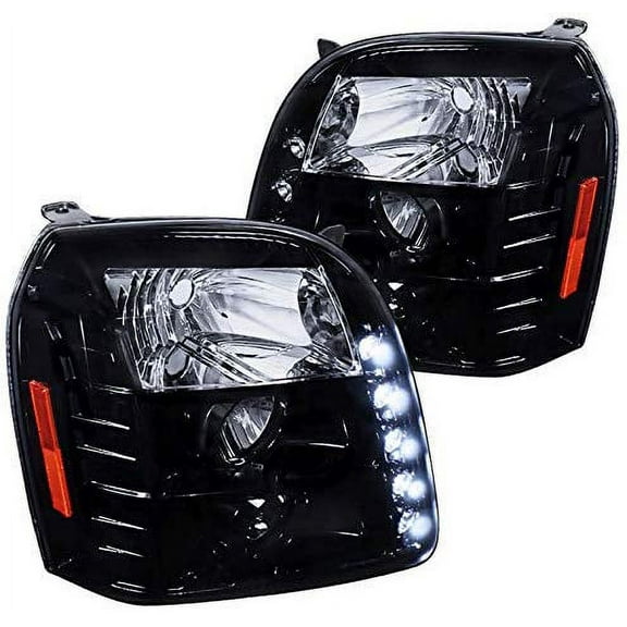 DRL LED Light Strip Projector Headlight Head Lamp Replacement in Gloss Black Housing Smoke Lens Made For And Compatible With 2007 - 2014 GMC Yukon Denali 07 08 09 10 11 12 13 14