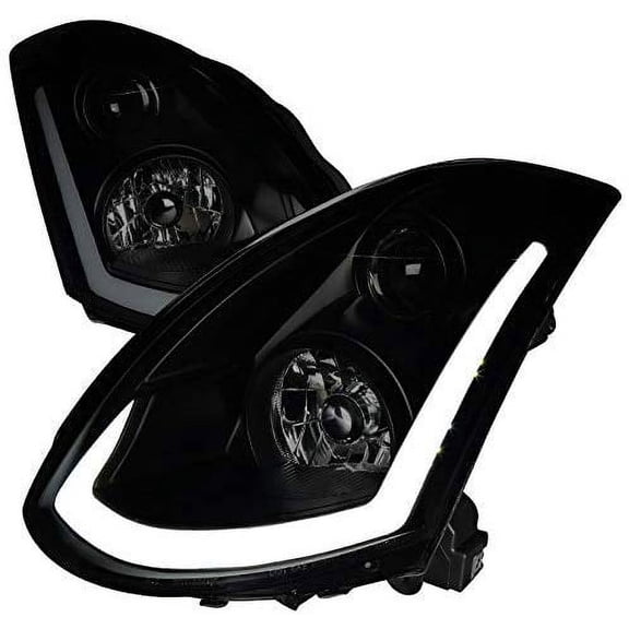 DRL LED Switchback Sequential Signal Light Bar Strip Projector Headlight Head Lamp In Black Housing Smoke Lens Made For And Compatible With 2003 - 2007 Infiniti G35 Coupe Factory Xenon HID Type