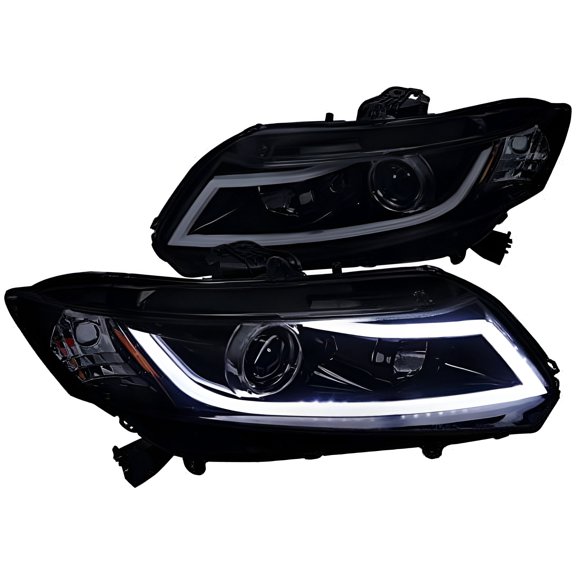 DRL Optic LED Light Bar Projector Headlight Head Lamp Replacement in Gloss Black Housing Smoke Lens Made For And Compatible With 2012 - 2015 Honda Civic 12 13 14 15