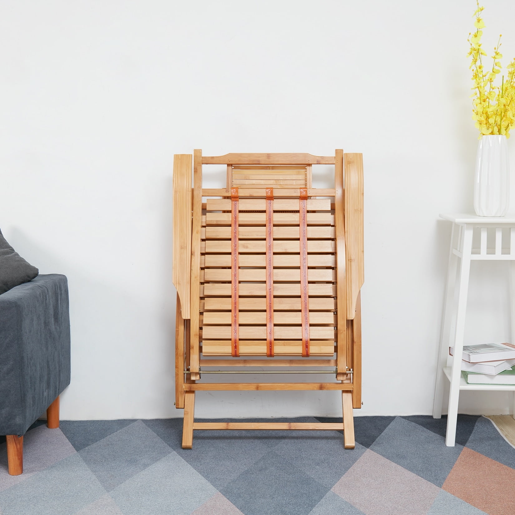 Natural Bamboo Adjustable Rocking Sun Lounger with Retractable Footrest