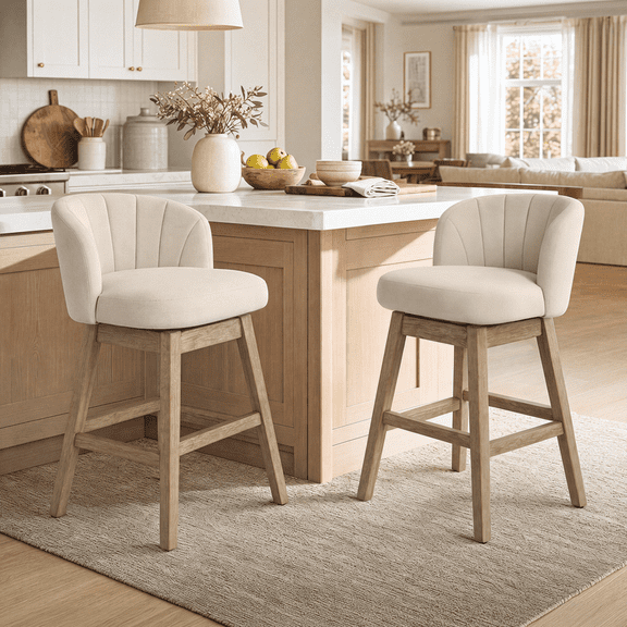 DRLOVELY Counter Height Barstools Set of 2, 26 Inch Swivel Barstools, Beige Chenille Fabric Counter Chairs with Wraparound Backrest, Solid Wood Legs