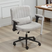 DRMBOOK Criss Cross Legged Chair with Flip-Up Arms, Rolling Office Desk Chair with Wheels, Wide Swivel Height Adjustable Mid Back Computer Task Vanity Chair for Home Office Linen Fabric Grey
