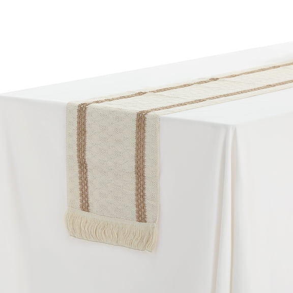 REGALWOVEN 1 Pack Fringe Table Runners, Floral Table Banner for Home Decoration White Brown 12'x71'