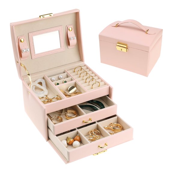 REGALWOVEN 3 Layer PU Leather Jewelry Box Organizer Storage with Mirror for Women Girl Birthday Gift Orange 17.5*14*13cm