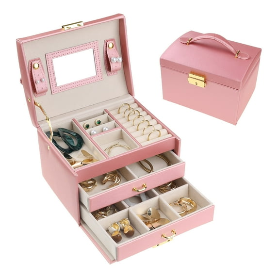 REGALWOVEN 3 Layer PU Leather Jewelry Box Organizer Storage with Mirror for Women Girl Birthday Gift Red 17.5*14*13cm