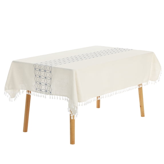 REGALWOVEN Rustic Tablecloth Cotton Linen Waterproof Table Cover with Tassels Diamond Dark Blue 55"x55"