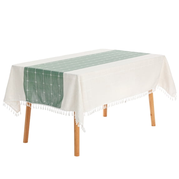 REGALWOVEN Rustic Tablecloth Cotton Linen Waterproof Table Cover with Tassels Green 55"x71"