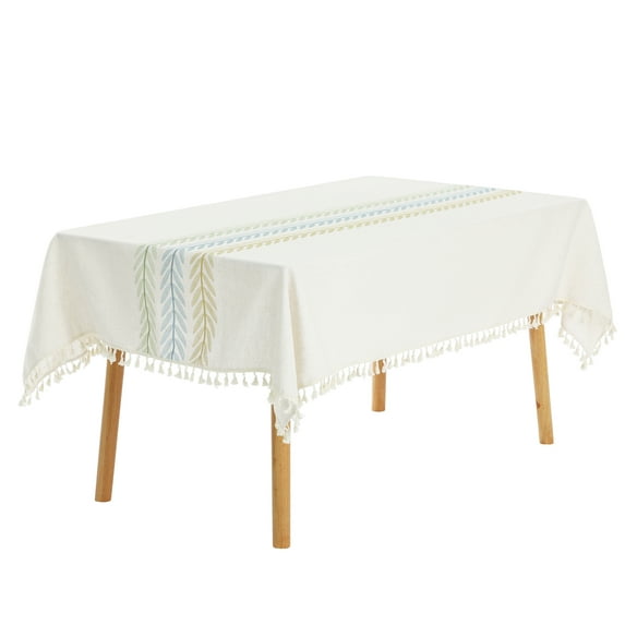 REGALWOVEN Rustic Tablecloth Cotton Linen Waterproof Table Cover with Tassels Yellow Blue Green 55"x87"