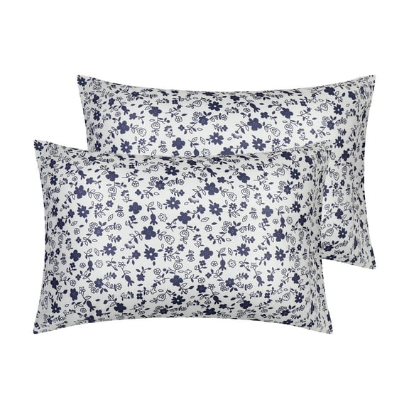 REGALWOVEN Set of 2 Pillowcase for Hair and Skin, Soft Cotton Floral Pillow Cases with Envelope Closure Dark Blue Queen