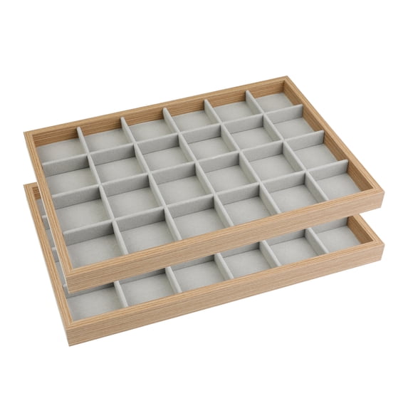 REGALWOVEN Set of 2 Wood Accessory Trays for Drawers, Accessory Organizer Drawer Inserts Display Storage Light Brown 24 Grid Tray