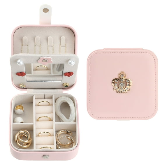 REGALWOVEN Travel Accessory Box with Mirror, Mini PU Leather Accessory Organizer Case Storage Display Holder Pink