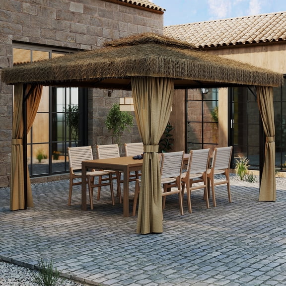 DRNANLIT 10' x 12' Thatched Hardtop Gazebo Outdoor Aluminum Gazebo for Patios Double Roof 143"L x 116.9"W x 106.3"H