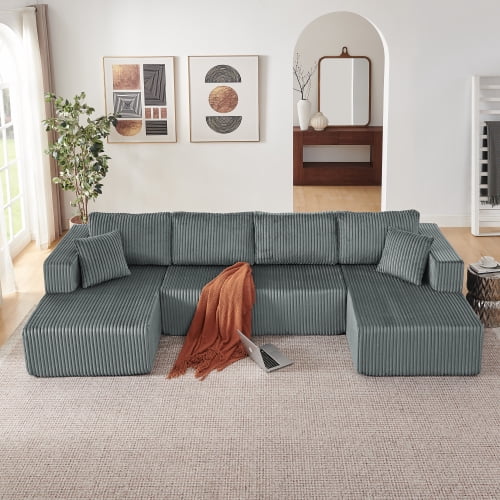 DRNANLIT 132" U Shaped Modular Sectional Sofa, Corduroy Cloud Couch with Side Pockets, No Assembly, Gray