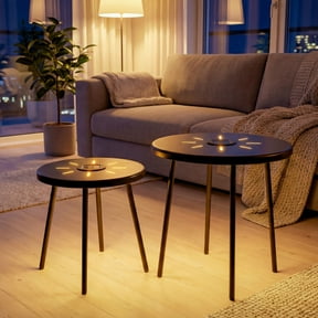 DRNANLIT 2-Pack Solar Powered Side Table with LED Light, Nesting Round End Table Set for Outdoor/Indoor Use
